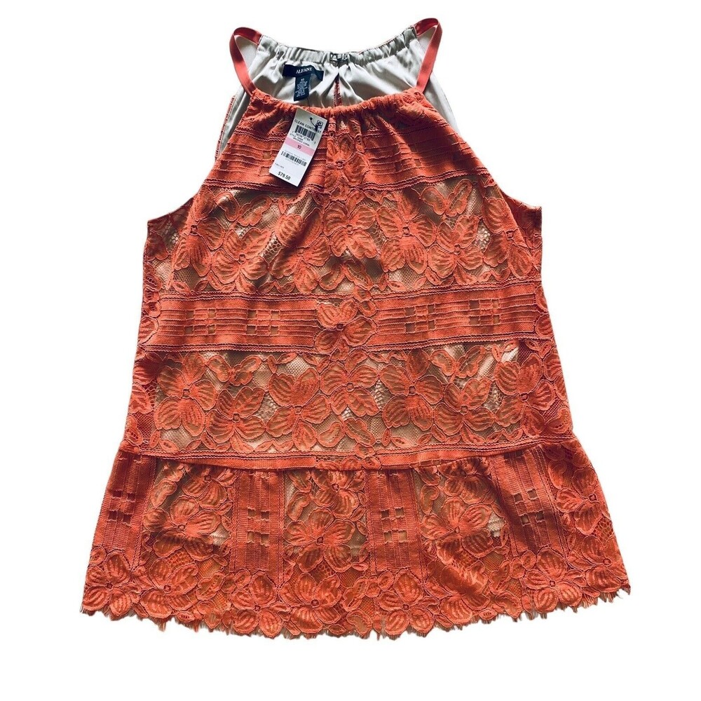 Alfani Coral Lace Overlay Halter Top Womens Size 10 NWT Sleeveless Lined Blouse
